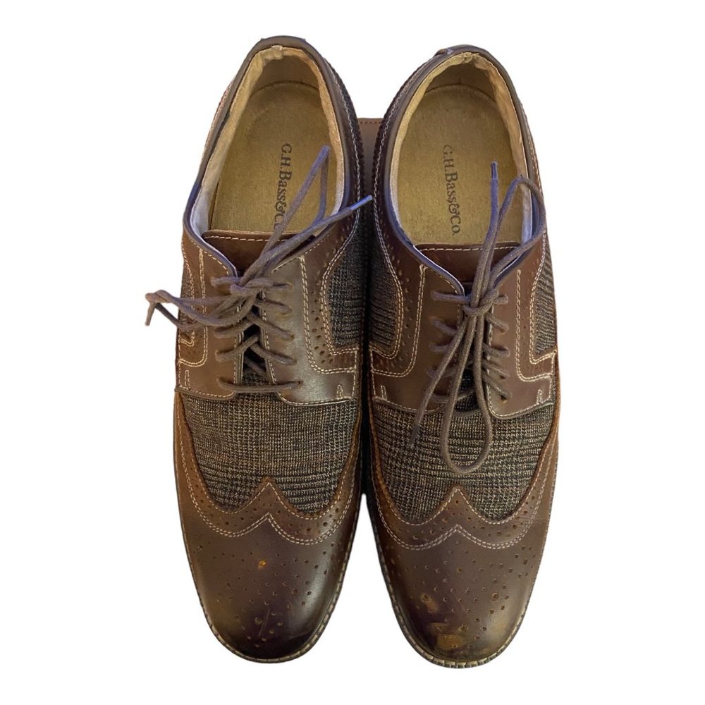 GH Bass Shoes Men 13M Brown Leather & Tweed Pasadena Wingtip Longwing Brogue - Picture 2 of 16